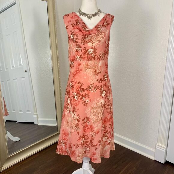 Orange Pink Garden Fairy Cottage Core Cowl Neck Flower Midi Dress USA Made S - Picture 5 of 7